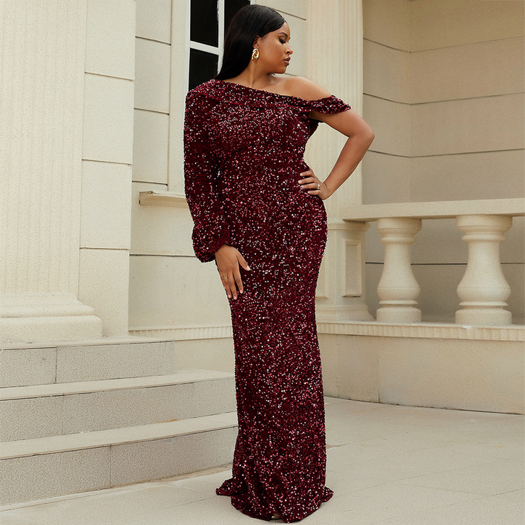 Plus Size Oblique Collar Evening Dress