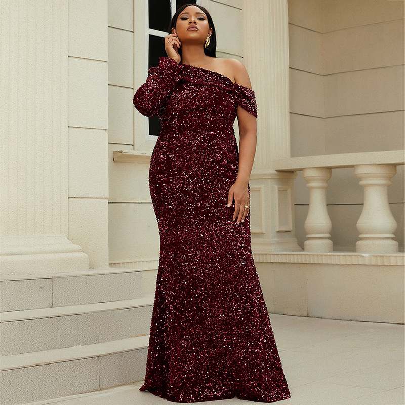 Plus Size Oblique Collar Evening Dress