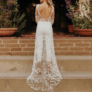 Jewel Neck Long Sleeves Lace A-Line Bridal Jumpsuit