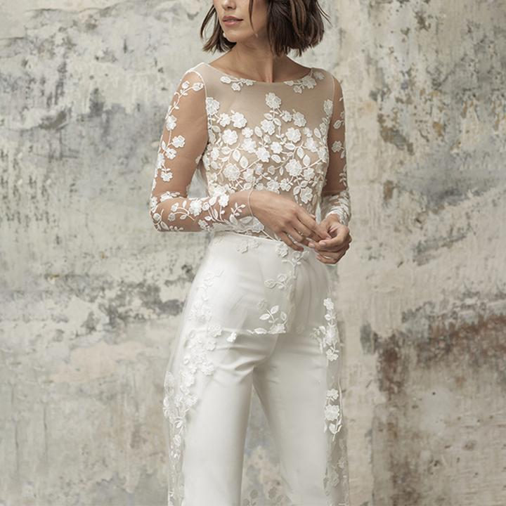 Jewel Neck Long Sleeves Lace A-Line Bridal Jumpsuit