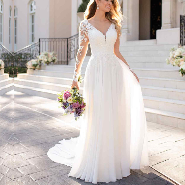 Chiffon V Neck A Line Long Sleeve Lace Applique Beach Wedding Dress