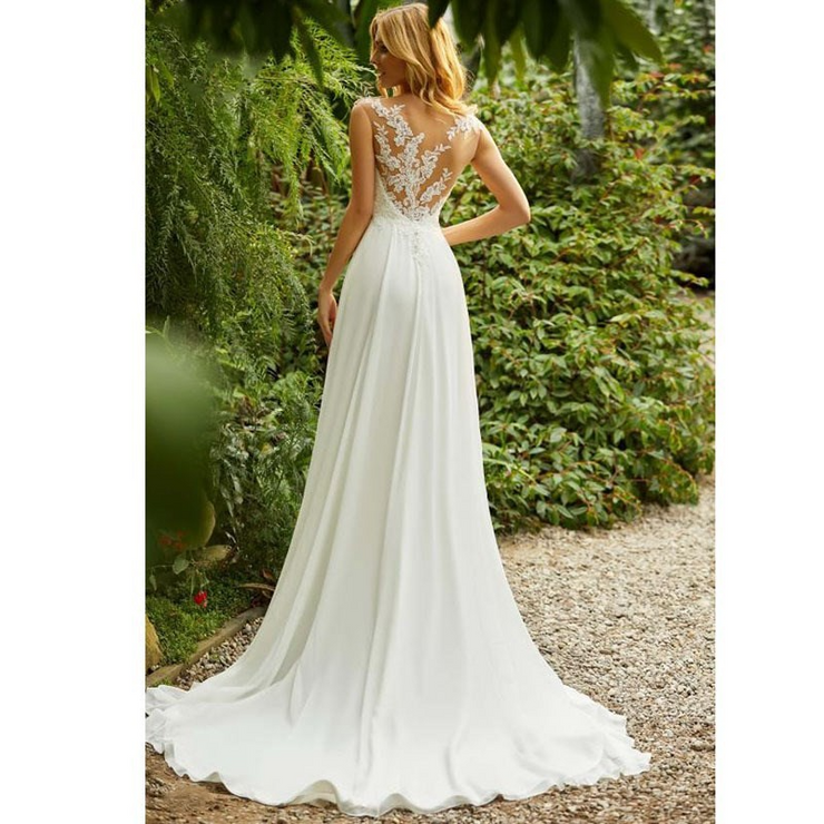 A Line V Neck Sleeveless Lace Beaded Wedding Dress