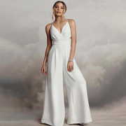 White V-Neck Sleeveless Backless A-Line Bridal Jumpsuits