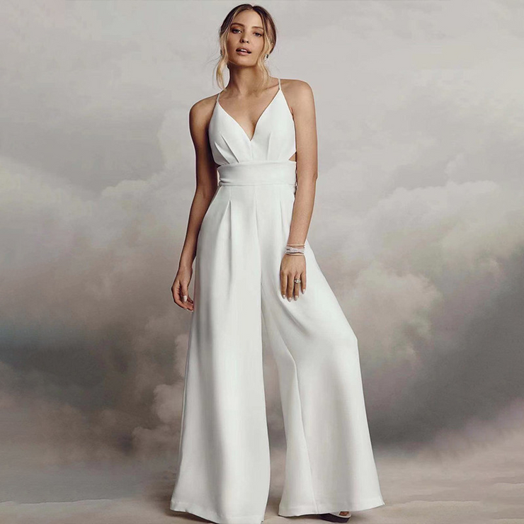 White V-Neck Sleeveless Backless A-Line Bridal Jumpsuits