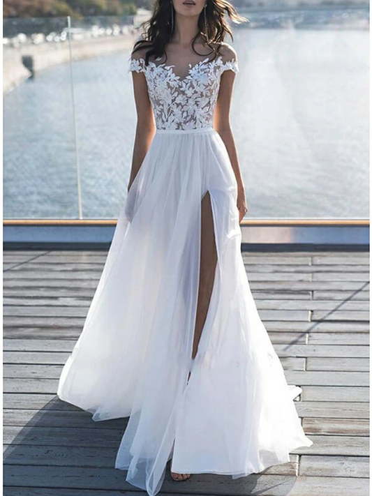 Lace Off The Shoulder Short Sleeve Floor Length Split Front Wedding Dress