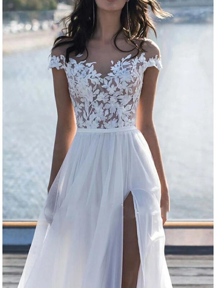 Lace Off The Shoulder Short Sleeve Floor Length Split Front Wedding Dress