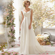 A Line V Neck Sleeveless Lace Flora Beaded Wedding Dress