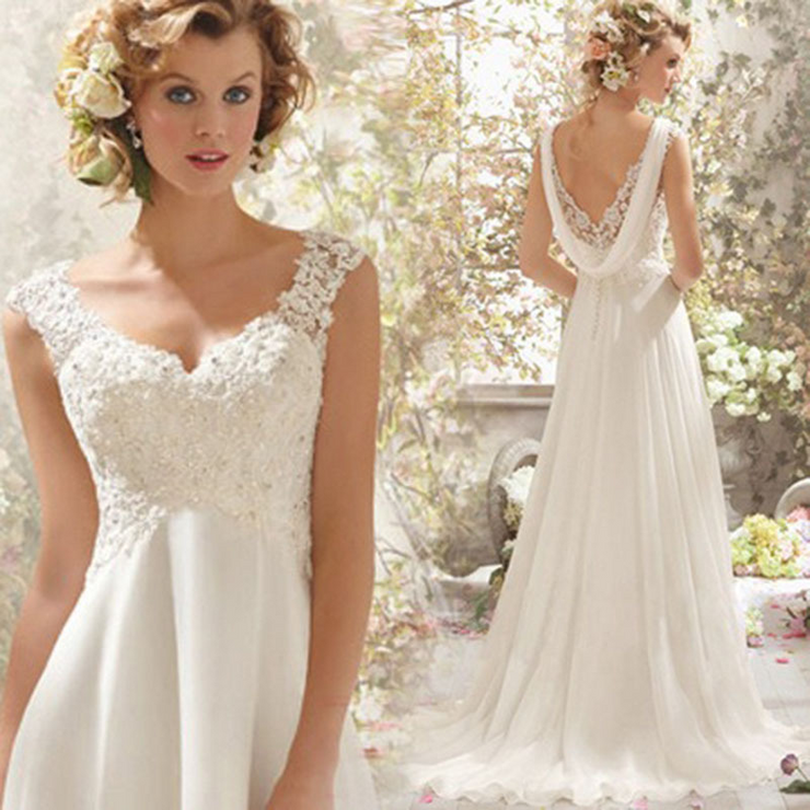 A Line V Neck Sleeveless Lace Flora Beaded Wedding Dress