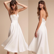 V Neck Sleeveless A Line Tea Length Straps Wedding Dress