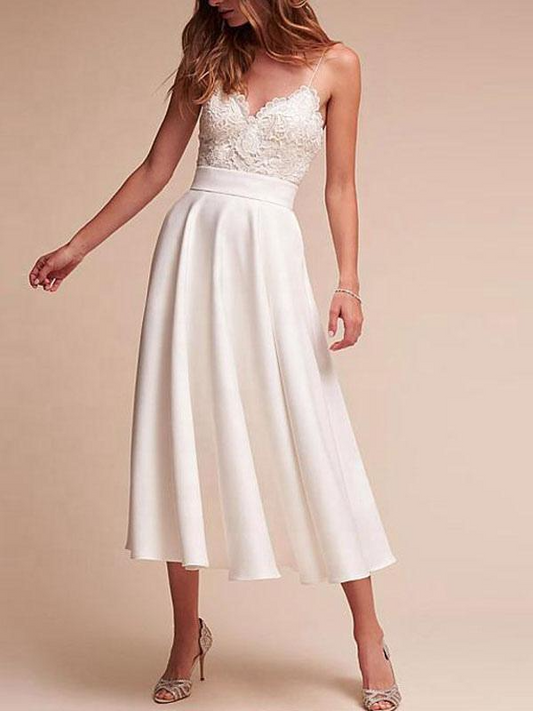 V Neck Sleeveless A Line Tea Length Straps Wedding Dress