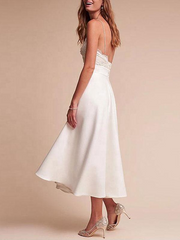 V Neck Sleeveless A Line Tea Length Straps Wedding Dress