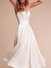 V Neck Sleeveless A Line Tea Length Straps Wedding Dress