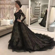 Black Lace Princess Silhouette Long Sleeves Lace Court Train Wedding Dress