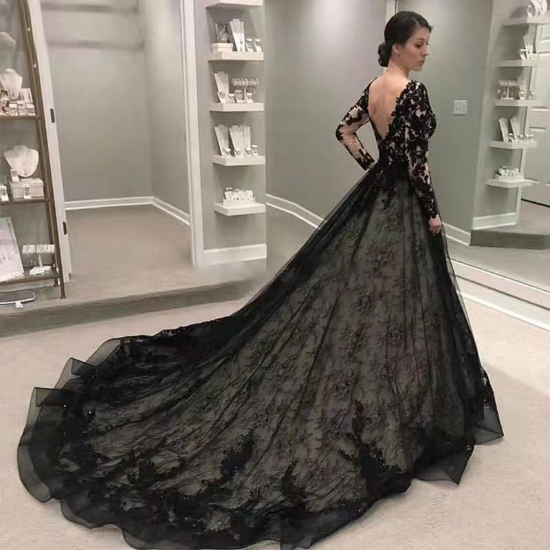 Black Lace Princess Silhouette Long Sleeves Lace Court Train Wedding Dress