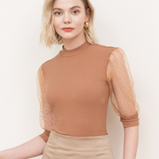 Flock Dots Elbow Sleeves Ribbed Top