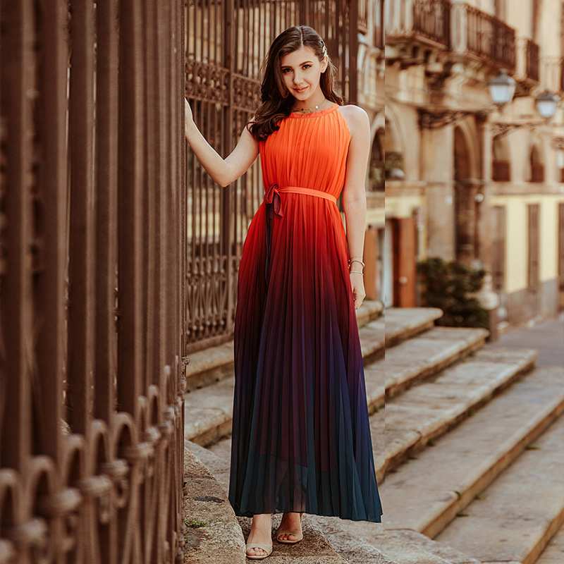 Sunset Gradient Pleated Maxi Dress