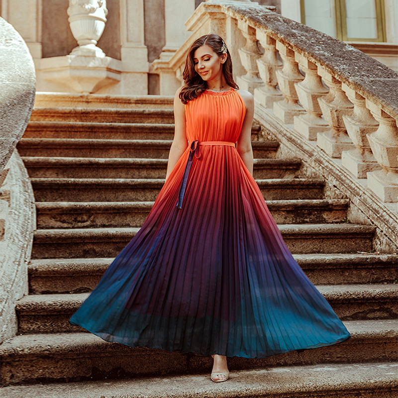 Sunset Gradient Pleated Maxi Dress