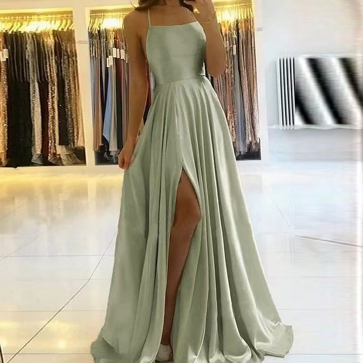 Satin Sleeveless Front Slit Prom Dress