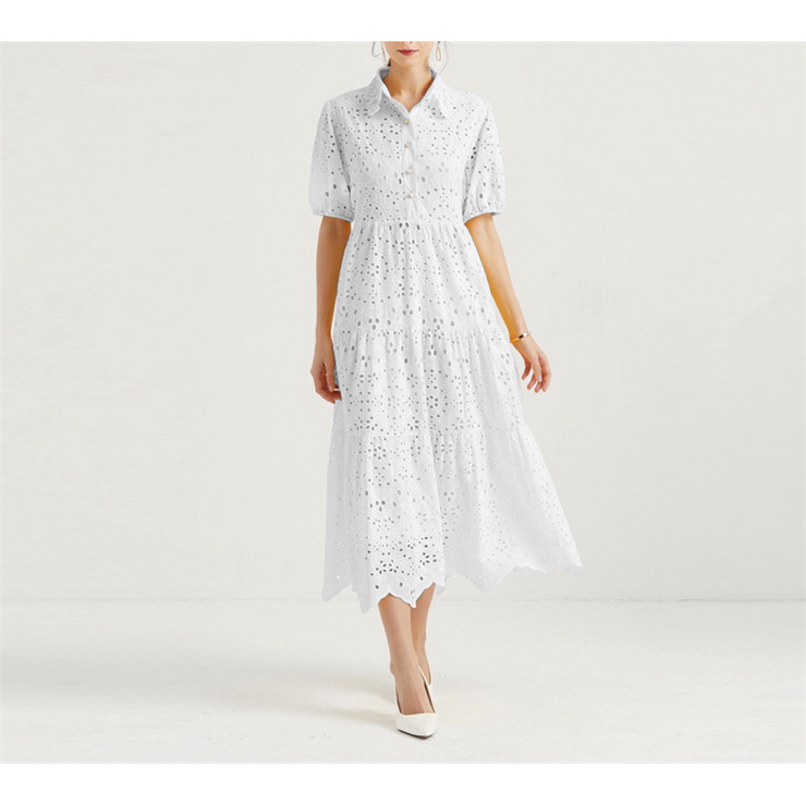 Crochet Collar Embroidered Eyelet Cotton Dress