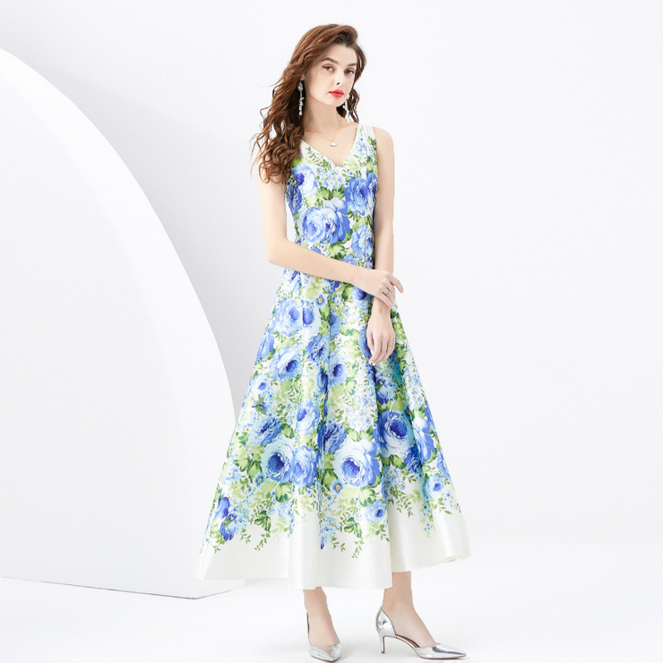 Flowery Scenery Sleeveless Midi Dress