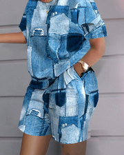 Plus Size Plaid Letter Casual Top And Shorts Set