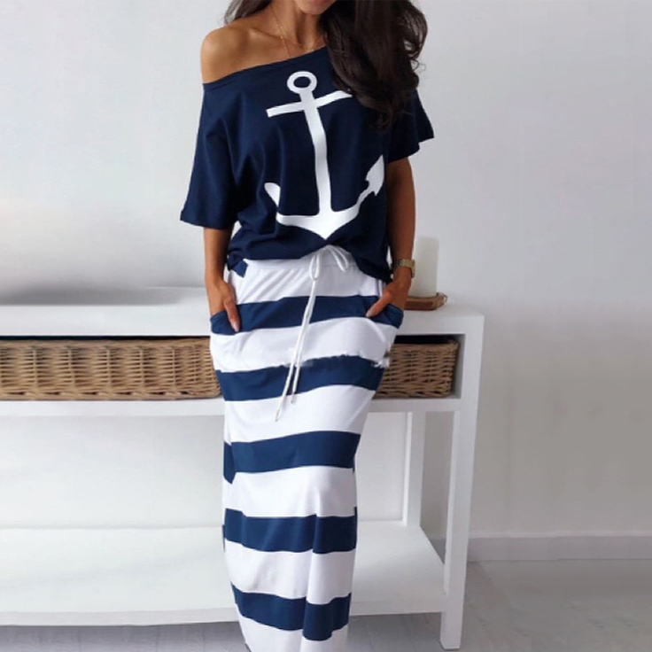 Plus Size Printed T-Shirt and Drawstring Maxi Skirt Set