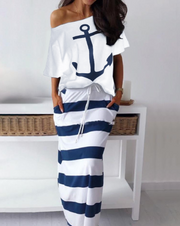 Plus Size Printed T-Shirt and Drawstring Maxi Skirt Set