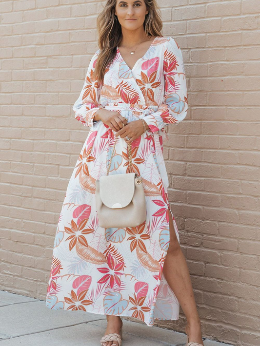 Tropical Palm Print High Waist Plus Size Maxi Dress