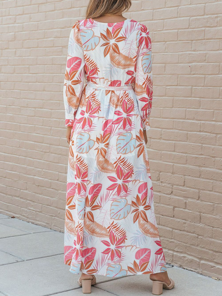 Tropical Palm Print High Waist Plus Size Maxi Dress