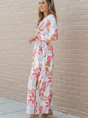 Tropical Palm Print High Waist Plus Size Maxi Dress