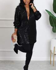 Black Plus Size Long Sleeve Sequin Shirt Dress