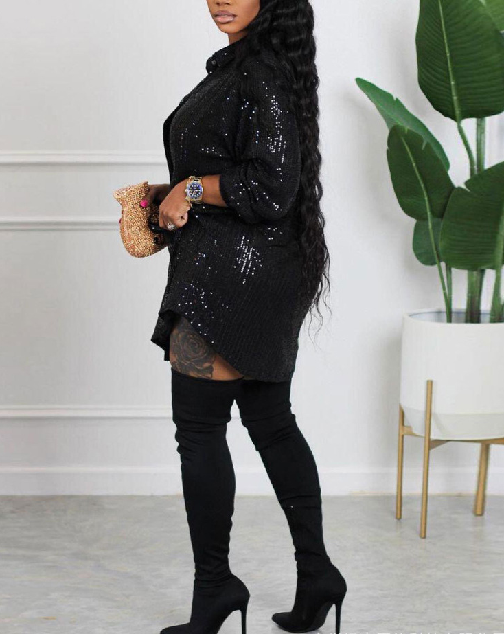 Black Plus Size Long Sleeve Sequin Shirt Dress