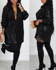 Black Plus Size Long Sleeve Sequin Shirt Dress