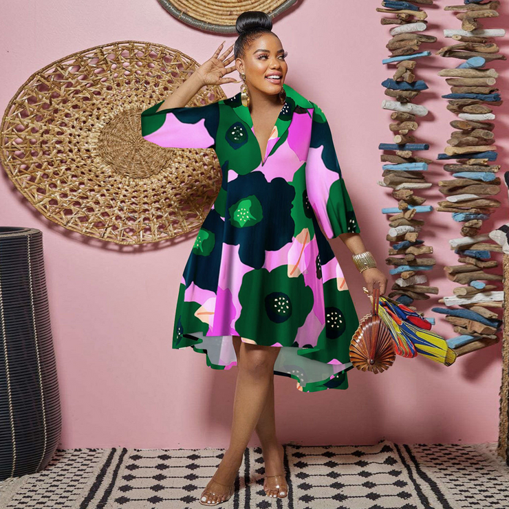 Plus Size Long Sleeve Printed Shirt Dress