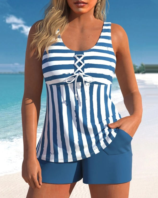 Lace Up Striped Blue Tankini Set