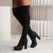 Plain Round Toe Chunky Heeled Spliced Boots