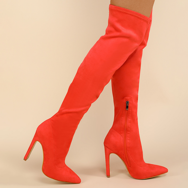 Plain Pointed Toe Stiletto Side Zipper Over-The-Knee Boots