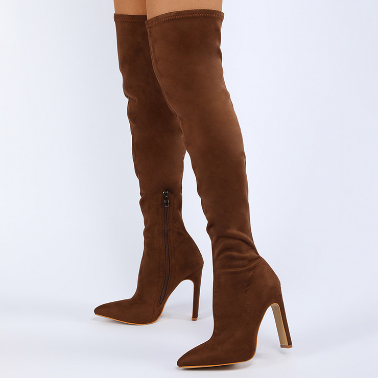 Plain Pointed Toe Stiletto Side Zipper Over-The-Knee Boots