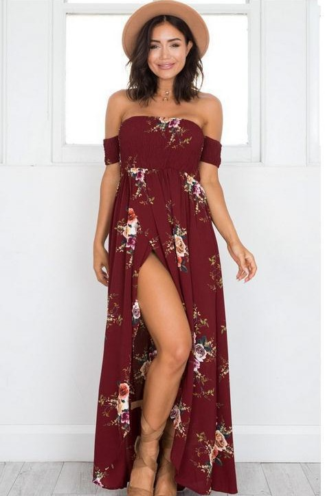 Off-Shoulder Front Slit Long Summer Dress