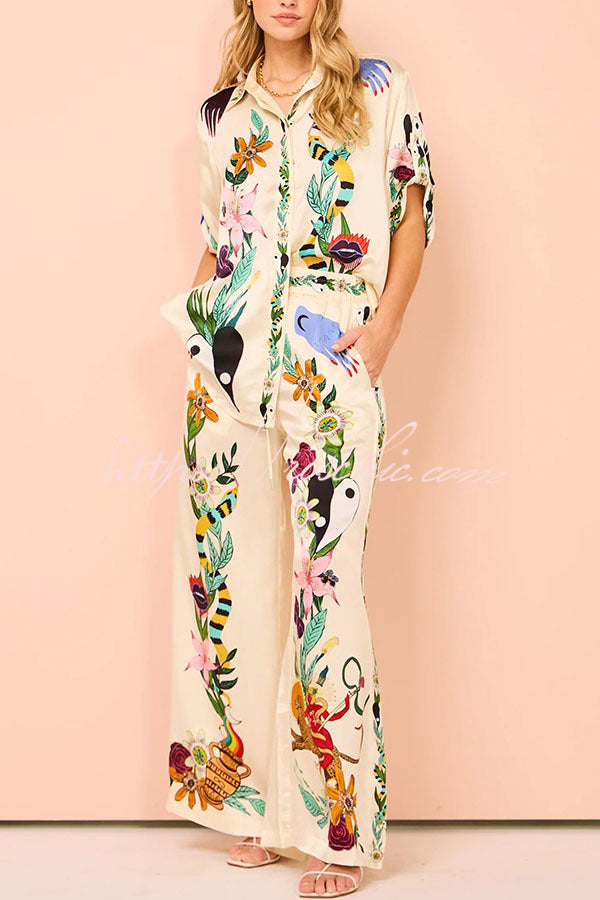 Satin Unique Print Elastic Waist Pocketed Wide Leg Pants