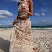 Versatility And Vintage Charm Pleated Drawstring Waist Tiered Maxi Skirt