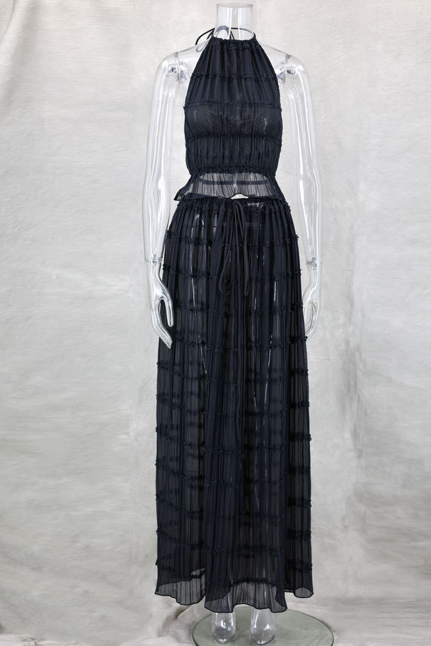 Versatility And Vintage Charm Pleated Drawstring Waist Tiered Maxi Skirt