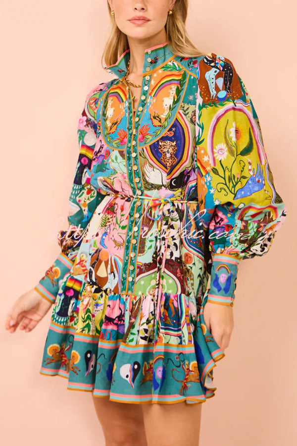 Unique Print Balloon Sleeve Button Shirt Mini Dress