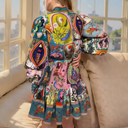 Unique Print Balloon Sleeve Button Shirt Mini Dress