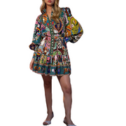 Unique Print Balloon Sleeve Button Shirt Mini Dress