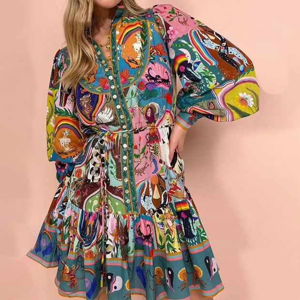 Unique Print Balloon Sleeve Button Shirt Mini Dress