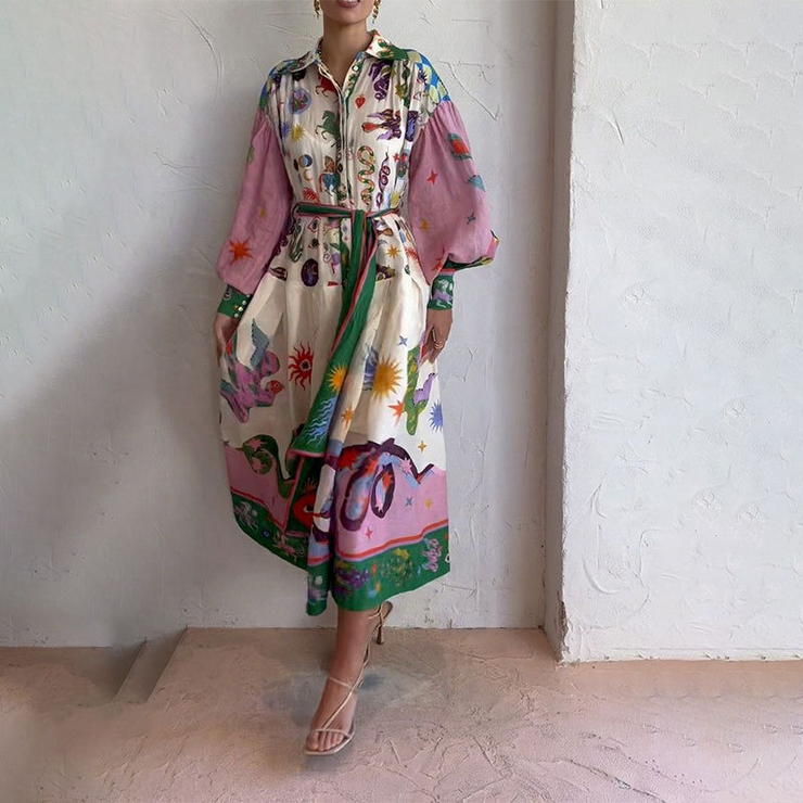 Unique Printed Balloon Sleeves Shirt Maxi Dress