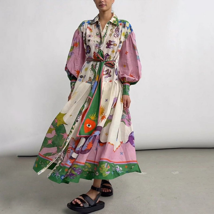 Unique Printed Balloon Sleeves Shirt Maxi Dress