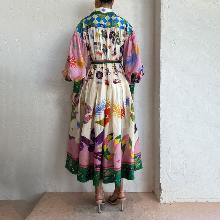 Unique Printed Balloon Sleeves Shirt Maxi Dress