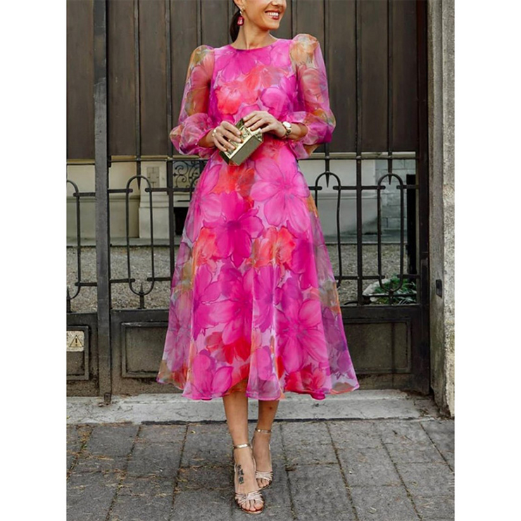 Floral Elegant Crew Neck Midi Dress